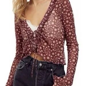 Free People Star-Print Sheer Tie-Front Crop Top - Rust